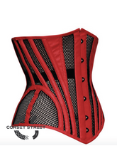 Red Satin Black Net Gothic Burlesque Waist Training Bustier LONG Underbust Sheer Corset Costume